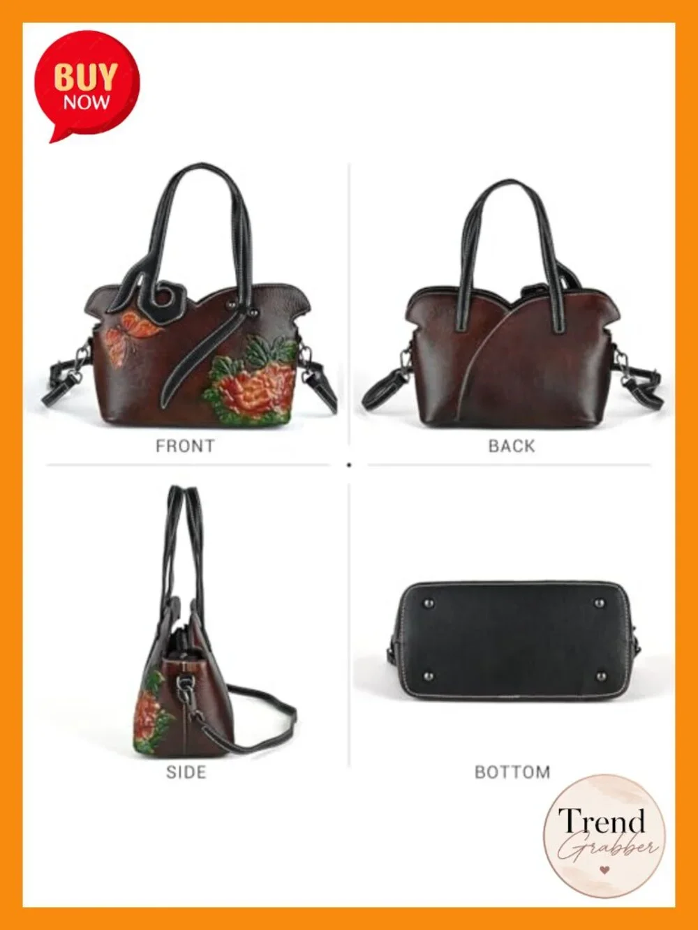 Genuine Italian Leather Handbag - Embossed Mandala Tote - Handcrafted Floral